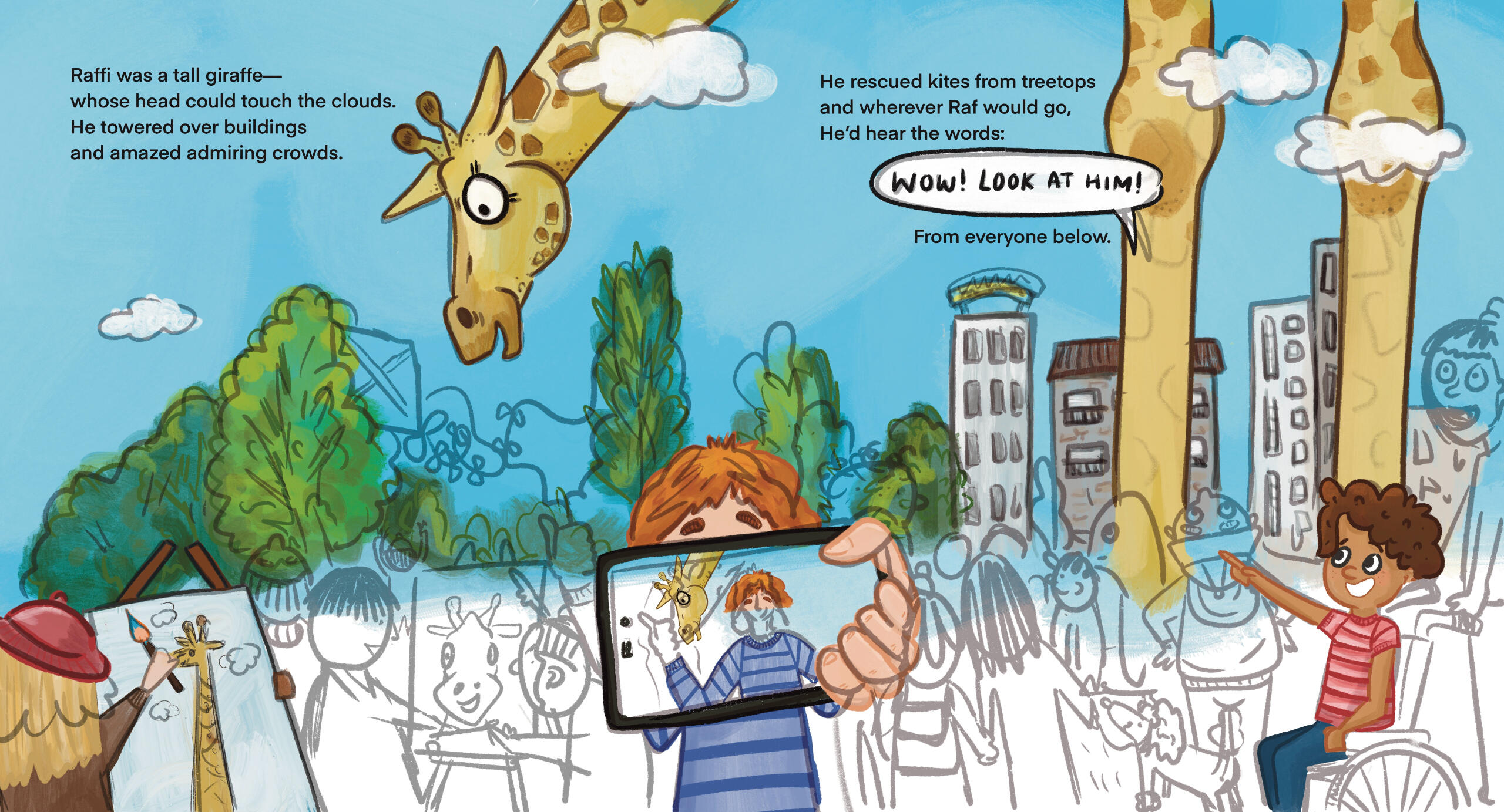 Rough draft of Picture Book spread - Raffi the Giraffe